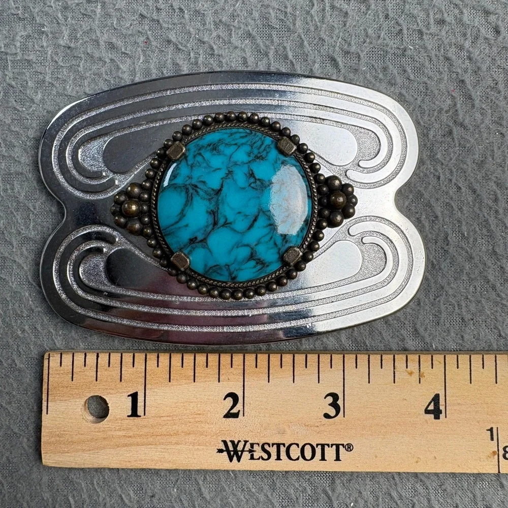 Western Turquoise Faux Stone Belt Buckle Silver Bronze Tone Scroll Etched Large